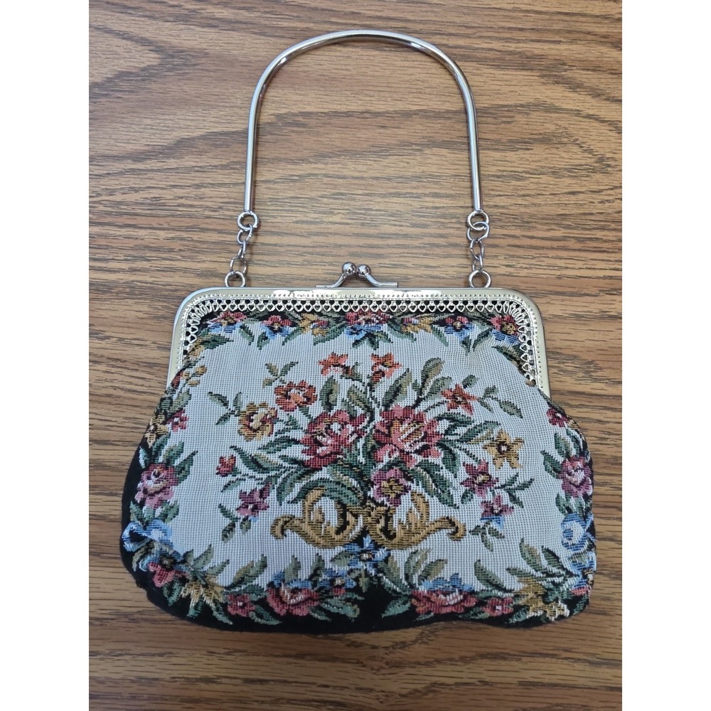 Vintage Needlepoint Tapestry Floral Handbag  Unique Metal Bangle Handle